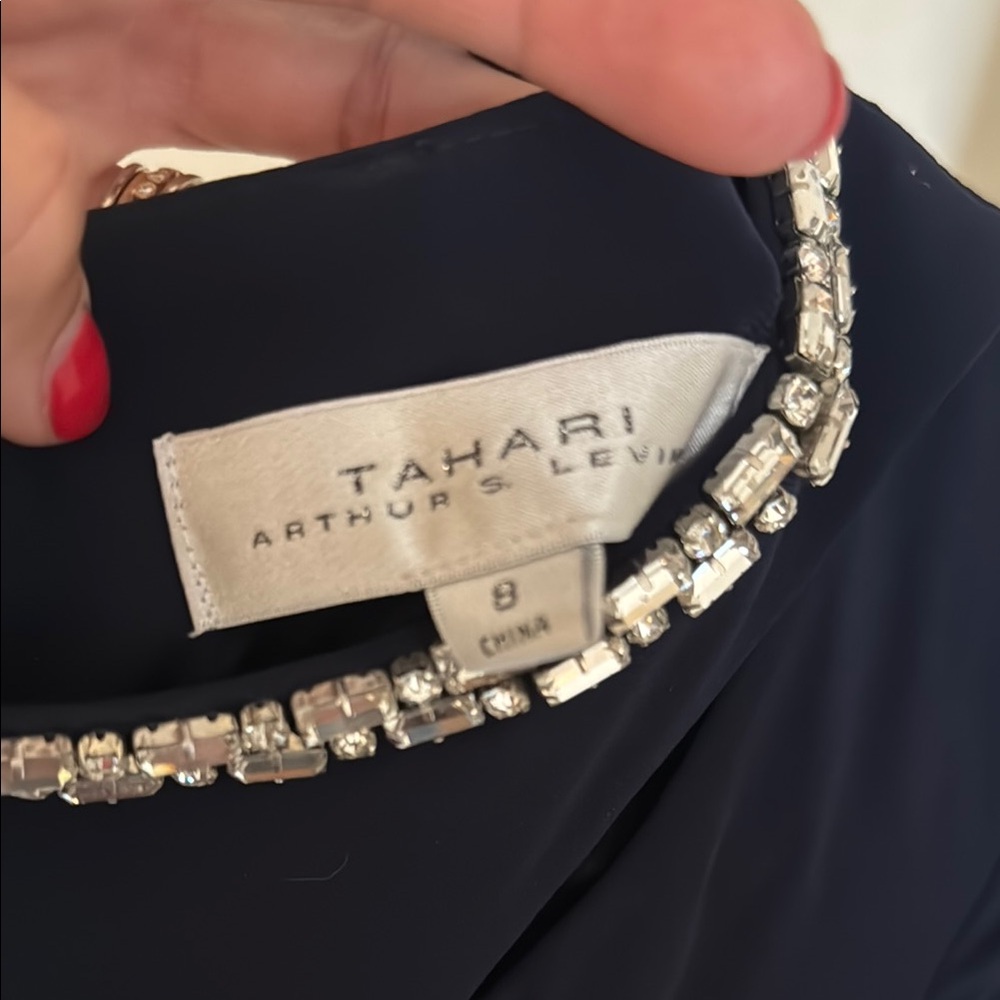 Tahari Navy Long Sleeve Dress with Embellished Neckline - Picture 2 of 2